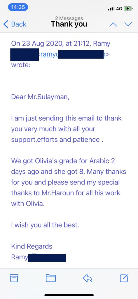 ADLS Arabic Tuition Testimonial August 2020 Olivia